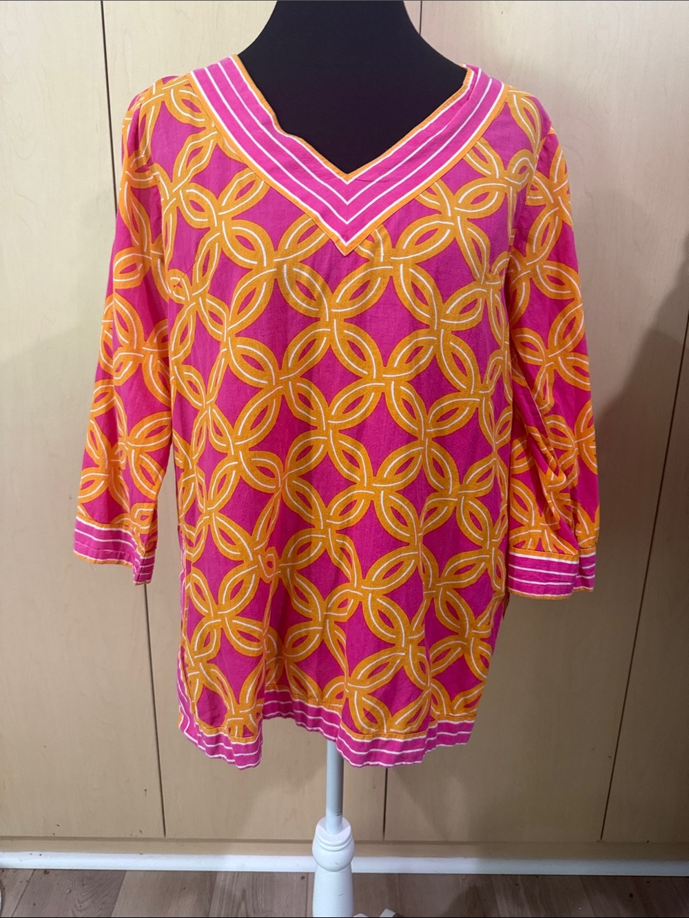 Gretchen Scott Designs Pink & Orange Geometric V-Neck Tunic